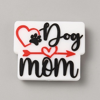 Food Grade Silicone Focal Beads, Word Mom, Dog, 25x30x7.5mm, Hole: 2.5mm