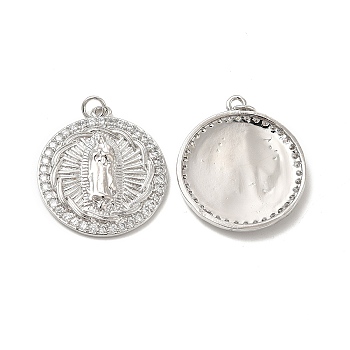 Brass Micro Pave Cubic Zirconia Pendants, with Jump Ring, Flat Round with Religion Virgin Mary Charm, Platinum, 28x25x4mm, Hole: 3.3mm
