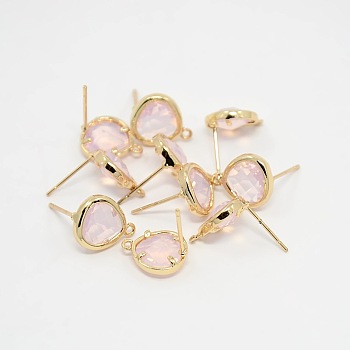 Real 18K Gold Plated Tone Brass Glass Stud Earring Findings, with Loop, Faceted Triangle, Nickel Free, Lavender Blush, 13x11x4.5mm, Hole: 1mm, Pin: 0.6mm