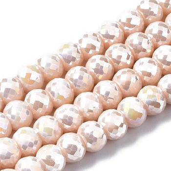 Electroplate Glass Beads Strands, AB Color Plated, Faceted, Round, Wheat, 8x6mm, Hole: 1.2mm, about 80pcs/strand, 18.66~19.76 inch(47.4cm~50.2cm)