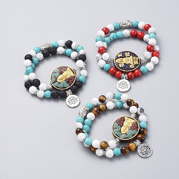 Buddhist Theme Guan Yin & Lotus Stretch Bracelets Sets, Stackable Bracelets, with Brass Handmade Indonesia Beads, Natural & Synthetic Gemstone Round Beads and Tibetan Style Alloy Beads & Pendants, 2-1/8 inch(5.5cm), 2pcs/set