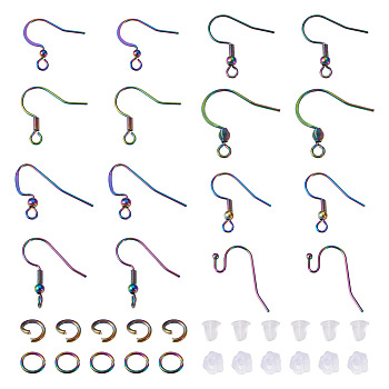 80Pcs Rainbow Color Ion Plating(IP) 304 Stainless Steel French Earring Hooks, with 120Pcs Open Jump Rings and 200Pcs Plastic Ear Nuts, 16~21x16~23mm, Hole: 2~2.5m, 22 Gauge, Pin: 0.6mm, 10Pcs/style