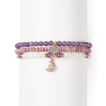 3Pcs 3 Style Natural Mixed Gemstone Beaded Stretch Bracelets Set, Cubic Zirconia Hamsa Hand & Moon Charms Stackable Bracelets for Women, Inner Diameter: 2-1/8 inch(5.5cm), 1Pc/style