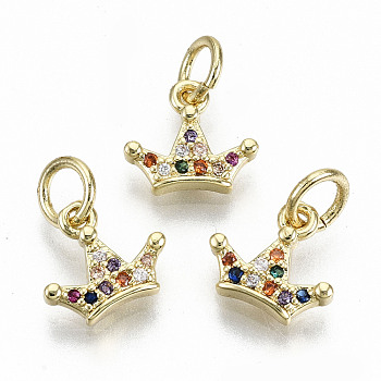 Brass Micro Pave Colorful Cubic Zirconia Charms, with Jump Rings, Nickel Free, Crown, Real 16K Gold Plated, 8x9x2mm, Jump Ring: 5x0.8mm, 3.4mm inner diameter