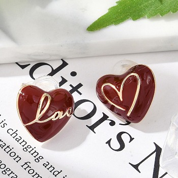 Brass Enamel Stud Earrings, with S925 Sterling Silver Pins, Heart, Real 18K Gold Plated, 13x16mm