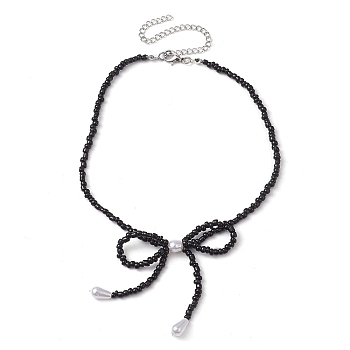 Bowknot 304 Stainless Steel Necklaces, Acrylic Bead Necklaces for Women, Black, 12.60~12.80 inch(32~32.5cm)