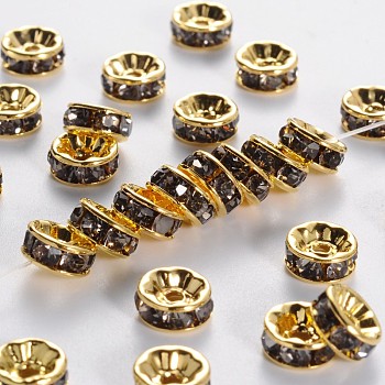 Brass Grade A Rhinestone Spacer Beads, Golden Plated, Rondelle, Nickel Free, Black Diamond, 4x2mm, Hole: 0.8mm