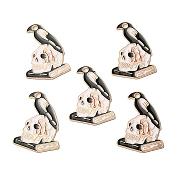 Halloween Alloy Pendants, with Enamel, Light Gold, Skull with Crow Charm, Black, 30x22x1mm, Hole: 2mm
