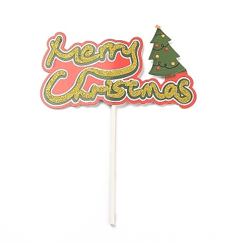 Paper Christmas Trees Cake Insert Card Decoration, with Bamboo Stick, for Christmas Cake Decoration, Colorful, 180mm