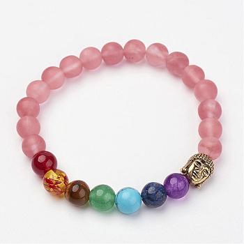 Cherry Quartz Glass Beaded and Gemstone Beaded Stretch Bracelets, with Tibetan Style Alloy Buddha Head Beads, Frosted , 2 inch(50~51mm)