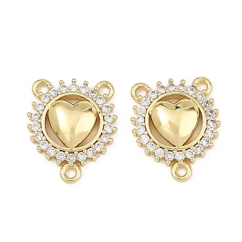 Brass Micro Pave Clear Cubic Zirconia Chandelier Component Links, Flat Round with Heart, Rack Plating, Long-Lasting Plated, Cadmium Free & Lead Free, Golden, 16.5x14.5x3mm, Hole: 1.4mm