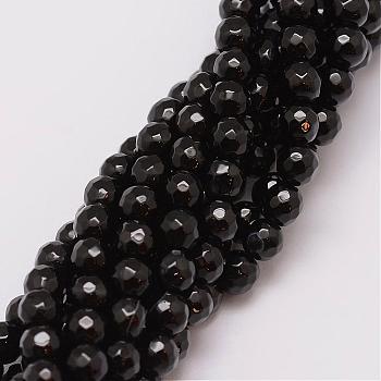 Natural Agate Bead Strands, Dyed, Faceted, Round, Black, 6mm, Hole: 1mm, about 56~58pcs/strand, 14 inch