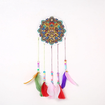 DIY Diamond Painting Hanging Woven Net/Web with Feather Pendant Kits, Including Acrylic Plate, Pen, Tray, Feather and Bells, Wind Chime Crafts for Home Decor, Elephant Pattern, 400x146mm
