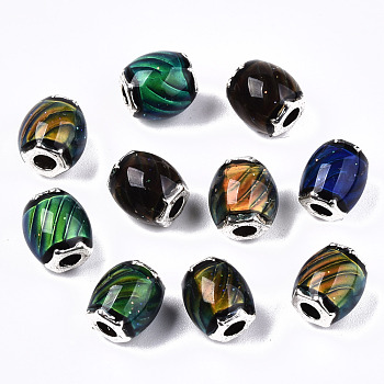 Glass Beads, with Platinum Tone Brass Double Cores, Faceted, Drum, Changing Color Mood Beads, Colorful, 9x7~8mm, Hole: 2.5mm