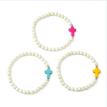 Religion Cross Bracelets, Synthetic Magnesite & Turquoise Beaded Stretch Bracelet for Womens, with Brass Beads, Inner Diameter: 2-1/4 inch(5.6cm)