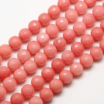 Natural Malaysia Jade Bead Strands, Faceted Round Dyed Beads, Light Coral, 8mm, Hole: 1mm, about 45pcs/strand, 14.3 inch