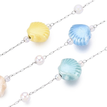 Handmade ABS Plastic Imitation Pearl & Porcelain & Seed Bead Chains, with 304 Stainless Steel Chains, Soldered, with Spool, Stainless Steel Color, 10x12x6.5mm, porcelain: 4.5mm in diameter, bead: 3mm in diameter, links: 2x1.5x0.2mm & 2.5x1x0.2mm, interval: 14mm, about 10m/roll