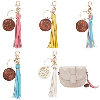 WADORN 5Pcs 5 Colors PU Leather Tassel Big Pendant Decorations with Wooden Mama Charm, for Handbag Backpack Car Key Decoration, Mixed Color, 150~160mm, 1pc/color