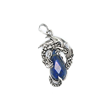 Natural Lapis Lazuli Brass Pendants, Flying Dragon Charms with Faceted Teardrop Gems, Antique Silver, 38x22x6mm