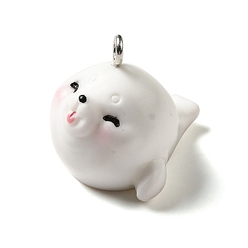 Marine Series Opaque Resin Pendants, Sea Lion Charm, with Platinum Plated Iron Findings, White, 19.5x22x24mm, Hole: 2mm