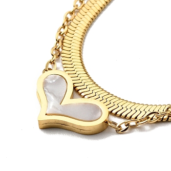 Synthetic White Shell Heart Pendants Double Layer Necklace, Ion Plating(IP) 304 Stainless Steel Jewelry for Women, Golden, 15.35 inch(39cm)