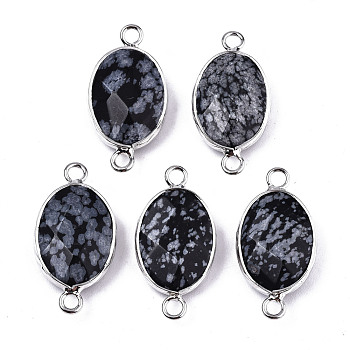 Natural Snowflake Obsidian Links/Connectors, Platinum Tone Brass Edge, Faceted Oval, 27.5x14~15x6mm, Hole: 2mm