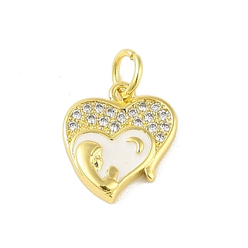 Brass Micro Pave Clear Cubic Zirconia Pendants, with Jump Ring and Enamel, Real 18K Gold Plated, Heart, 13x11.5x2.5mm, Hole: 3mm
