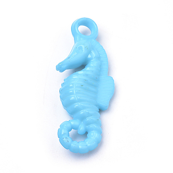 Opaque Acrylic Pendants, Sea Horse, Dodger Blue, 32x13x6.5mm, Hole: 3mm, about 600pcs/500g