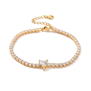 Clear Cubic Zirconia Tennis Bracelet with Heart, Brass Square Link Chain Bracelet for Women, Real 18K Gold Plated, 7-3/8 inch(18.8cm)