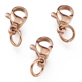 Ion Plating(IP) 304 Stainless Steel Lobster Claw Clasps, With Jump Ring, Rose Gold, 10x7x3mm, Hole: 3.2mm, Jump Ring: 5x0.6mm