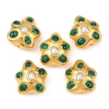 Natural Pearl & Synthetic Malachite Pendants, with Brass Findings, Flower, Golden, 24.5~26x22~24x13~14mm, Hole: 0.8~1mm