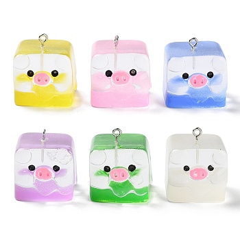 Luminous Transparent Resin Cartoon Pendants, Pig Ice Cube Charms with Platinum Tone Iron Loops, Glow in the Dark, Mixed Color, 27.5~28x24.5~26x24~25mm, Hole: 2mm