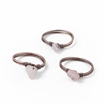 Natural Rose Quartz Chips Finger Ring, Red Copper Brass Wire Wrap Jewelry for Women, Inner Diameter: 18mm