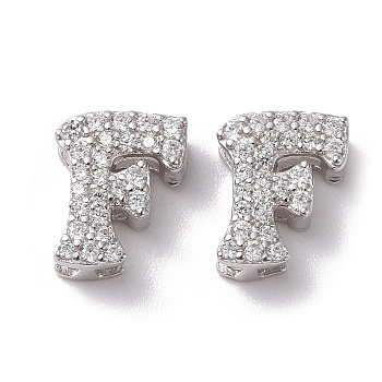 925 Sterling Silver Micro Pave Cubic Zirconia Beads, Real Platinum Plated, Letter F, 9x7.5x3.5mm, Hole: 2.5x1.5mm