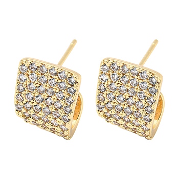 Brass with Clear Cubic Zirconia Stud Earrings, Twist Rectangle, Light Gold, 14x11mm