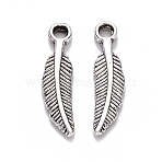 Tibetan Style Alloy Pendants, Feather, Cadmium Free & Lead Free, Antique Silver, 21x5x2mm, Hole: 2mm, about 1610pcs/1000g(TIBEP-S319-075AS-RS)