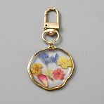 Epoxy Resin Pendant Decorations, with Dried Flower inside and Light Gold Tone Alloy Swivel Clasps, Flat Round, Colorful, 7cm, Pendant: 35x34x3.6mm(KEYC-WH0027-92A)