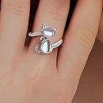 Zinc Alloy with Glass Cuff Rings for Women, Cat Shape, Silver, Inner Diameter: 15~20mm(FS-WGF7E31-01)