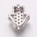 Brass Cubic Zirconia Beads, Cadmium Free & Lead Free, Hamsa Hand/Hand of Fatima/Hand of Miriam, Clear, Platinum, 9.5x8.5x4mm, Hole: 2mm(KK-P134-05P)
