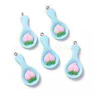 Opaque Resin Pendants, with Platinum Tone Iron Loops, Imitation Food, Spoon with Peach, Light Sky Blue, 42x18.5x6mm, Hole: 2mm(RESI-G032-F01)