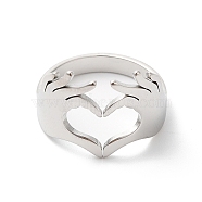 304 Stainless Steel Hand Heart Open Cuff Ring for Women, Stainless Steel Color, Inner Diameter: 17mm(RJEW-K245-45P)