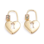 Brass Micro Pave Cubic Zirconia Screw Carabiner Lock Charms, for Necklaces Making, Quick Links, Heart Lock, Real 18K Gold Plated, Colorful, 28x16.5x2mm, Screw: 5.5x5mm(ZIRC-I041-09A)