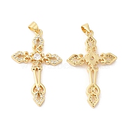 Brass Micro Pave Clear Cubic Zirconia Pendants, Cross Charms, Real 16K Gold Plated, 39x24x4mm, Hole: 4x3.5mm(ZIRC-L103-025G)