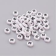Flat Round with Letter M Acrylic Beads, with Horizontal Hole, White & Black, Size: about 7mm in diameter, 4mm thick, hole: 1mm(X-PL37C9070-M)
