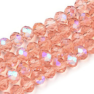 Electroplate Glass Beads Strands, Half Rainbow Plated, Faceted, Rondelle, Salmon, 10x8mm, Hole: 1mm, about 63~65pcs/strand, 19.2~20 inch(48~50cm)(EGLA-A034-T10mm-L24)