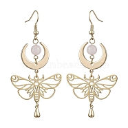 Natural Rose Quartz Dangle Earrings, Golden Brass Butterfly with Moon Long Drop Earrings, 65x33mm(EJEW-TA00398)