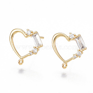 Brass Cubic Zirconia Stud Earring Findings, with Loop, Heart, Clear, Nickel Free, Real 18K Gold Plated, 11x11mm, Hole: 0.8mm, Pin: 0.7mm(X-KK-S350-001G)