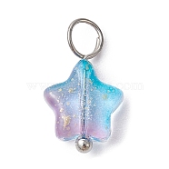 Spray Painted Glass Pendant, with Brass Findings, Star Charms, Colorful, 13.5~14x8x4mm, Hole: 3mm(PALLOY-JF02337-01)