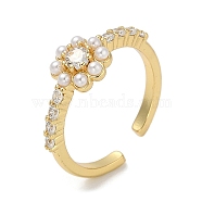 Flower Rack Plating Brass Micro Pave Cubic Zirconia Cuff Finger Rings for Women, with ABS Imitation Pearl Bead, Cadmium Free & Lead Free, Long-Lasting Plated, Real 18K Gold Plated, 8.5mm, Inner Diameter: adjustable(RJEW-C114-05G)