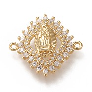 Brass Links Connectors, with Clear Micro Pave Cubic Zirconia, Rhombus with Virgin Mary, Real 18K Gold Plated, 20x21x4.5mm, Hole: 1.2mm(ZIRC-L099-003G)